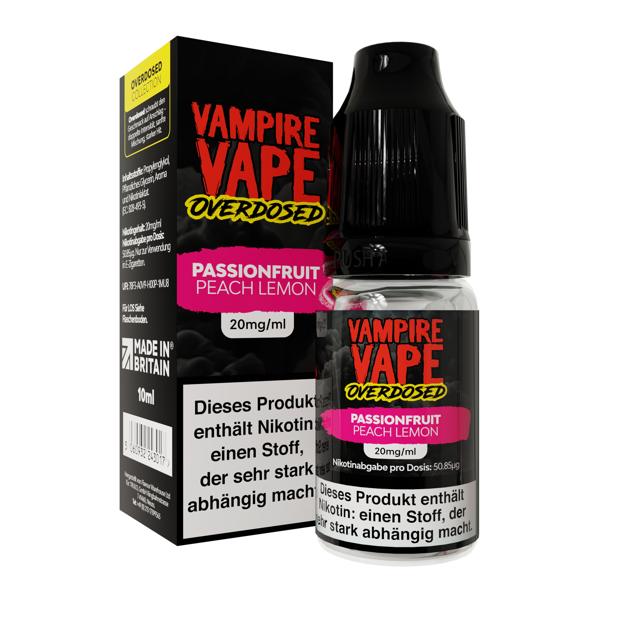 Vampire Vape Overdosed Nikotinsalz Liquid Passionfruit Peach Lemon 20mg 10ml