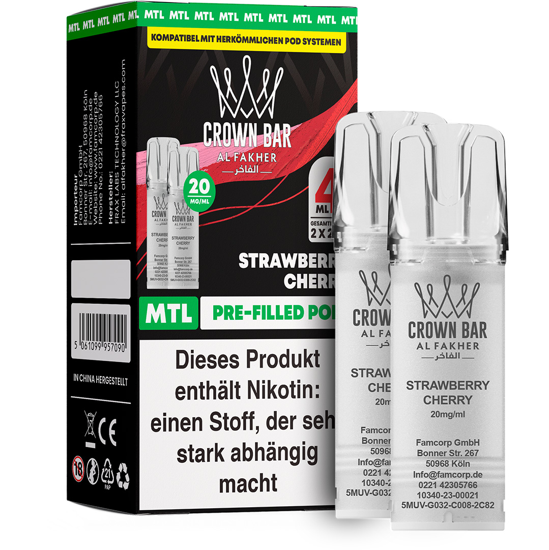 Al Fakher - Crown Bar 600 MTL POD - Strawberry Cherry (2 Pods) Al Fakher - Crown Bar 600 MTL POD - Strawberry Cherry (2 Pods)