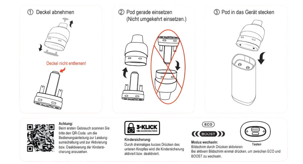 Vozol Vista Plug EZ Anleitung – Mundstück aufsetzen, Leerpod befüllen, Pod einsetzen