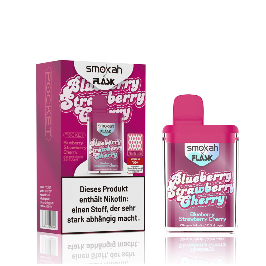 Smokah x Flask Pocket - Einweg E-Shisha - Blueberry Strawberry Cherry 2% Nikotin