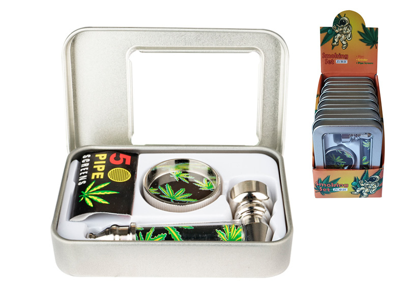 Handpfeifen Set Hanfblatt mit Grinder und Ersatzsieben Handpfeifen Set Hanfblatt mit Grinder und Ersatzsieben