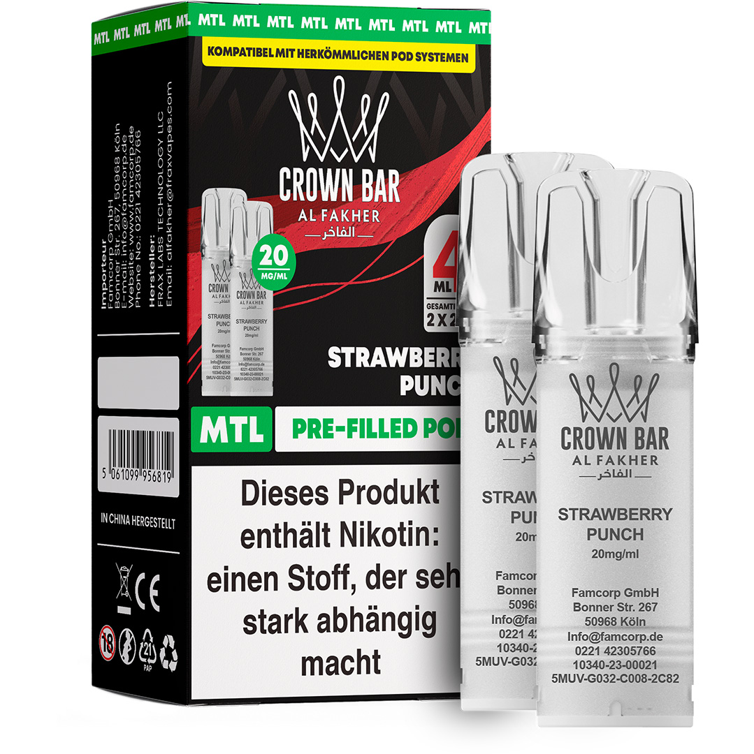 Al Fakher - Crown Bar 600 MTL POD - Strawberry Punch (2 Pods) Al Fakher - Crown Bar 600 MTL POD - Strawberry Punch (2 Pods)