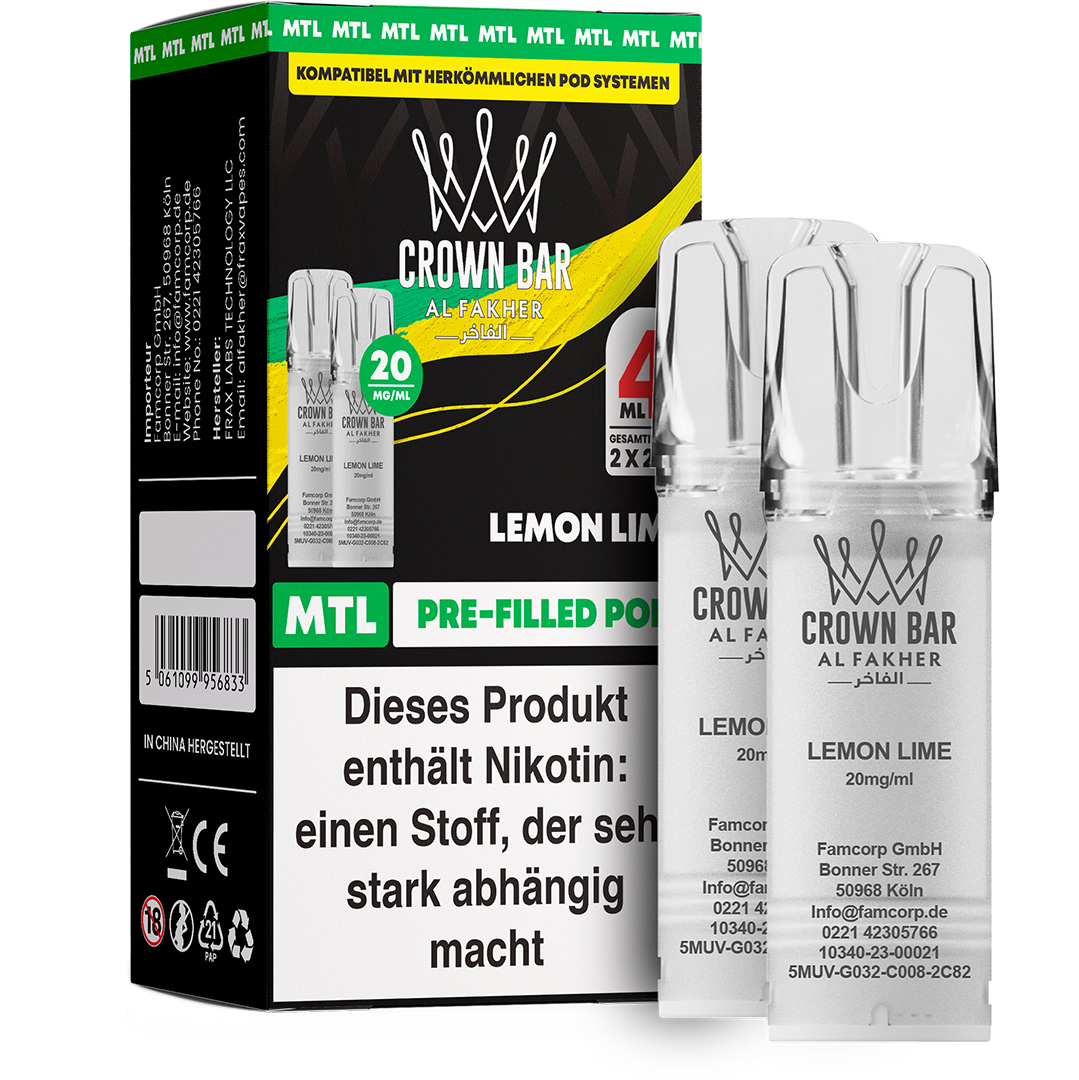 Al Fakher - Crown Bar 600 MTL POD - Lemon Lime (2 Pods) Al Fakher - Crown Bar 600 MTL POD - Lemon Lime (2 Pods)