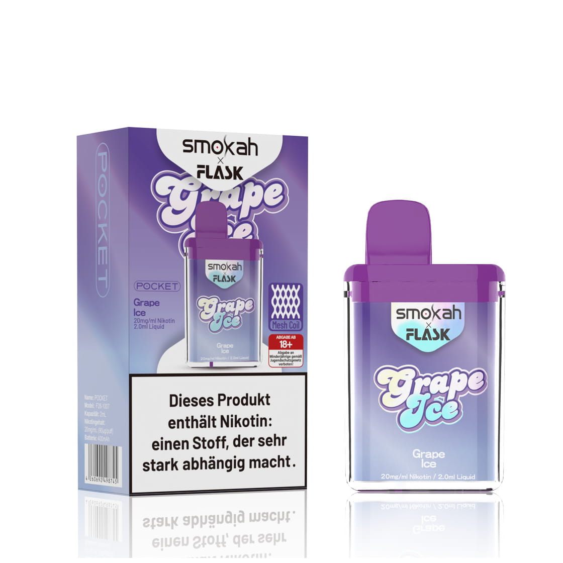 Smokah x Flask Pocket - Einweg E-Shisha - Grape Ice 2% Nikotin