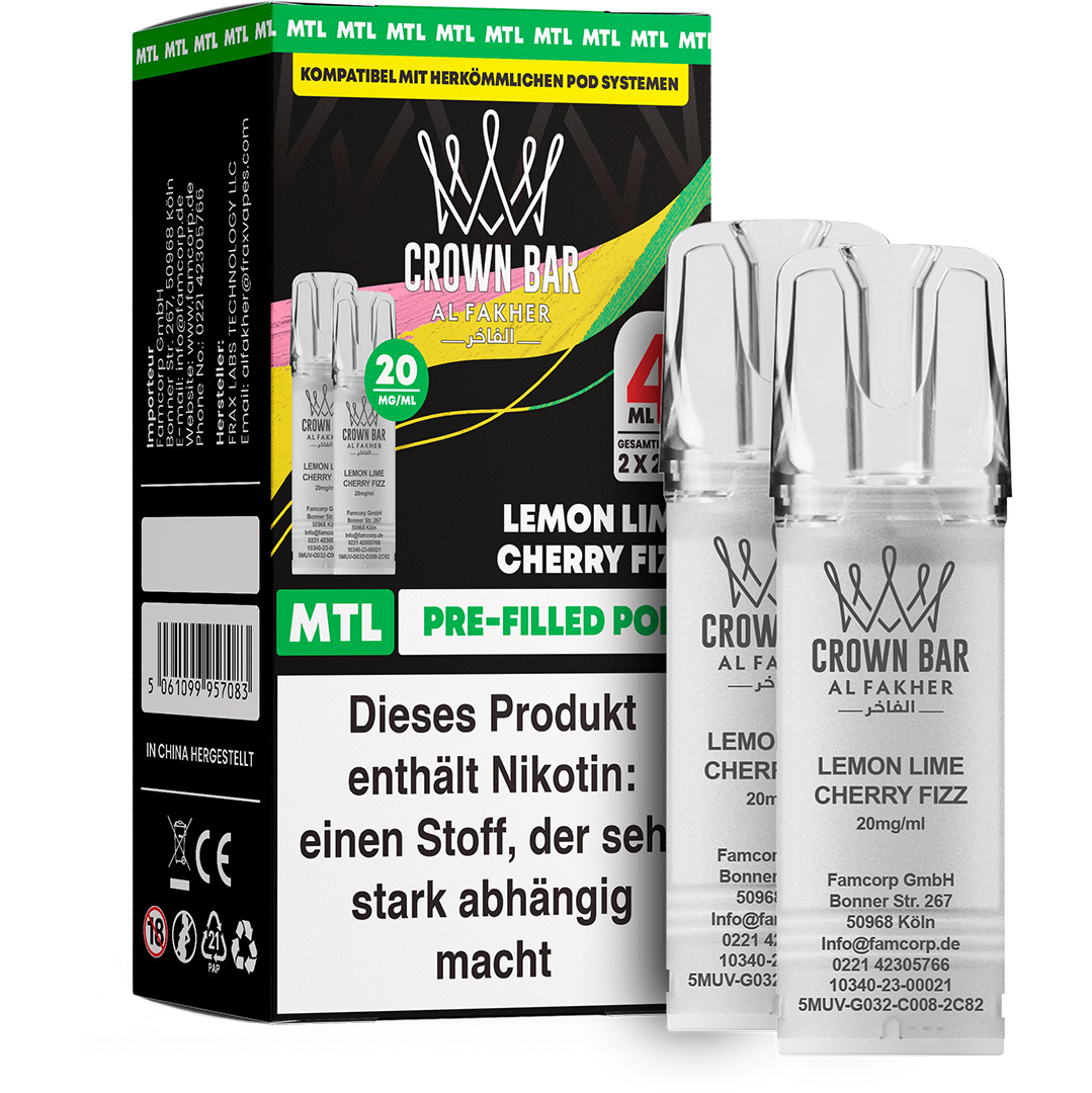 Al Fakher - Crown Bar 600 MTL POD - Lemon Lime Cherry Fizz (2 Pods) Al Fakher - Crown Bar 600 MTL POD - Lemon Lime Cherry Fizz (2 Pods)