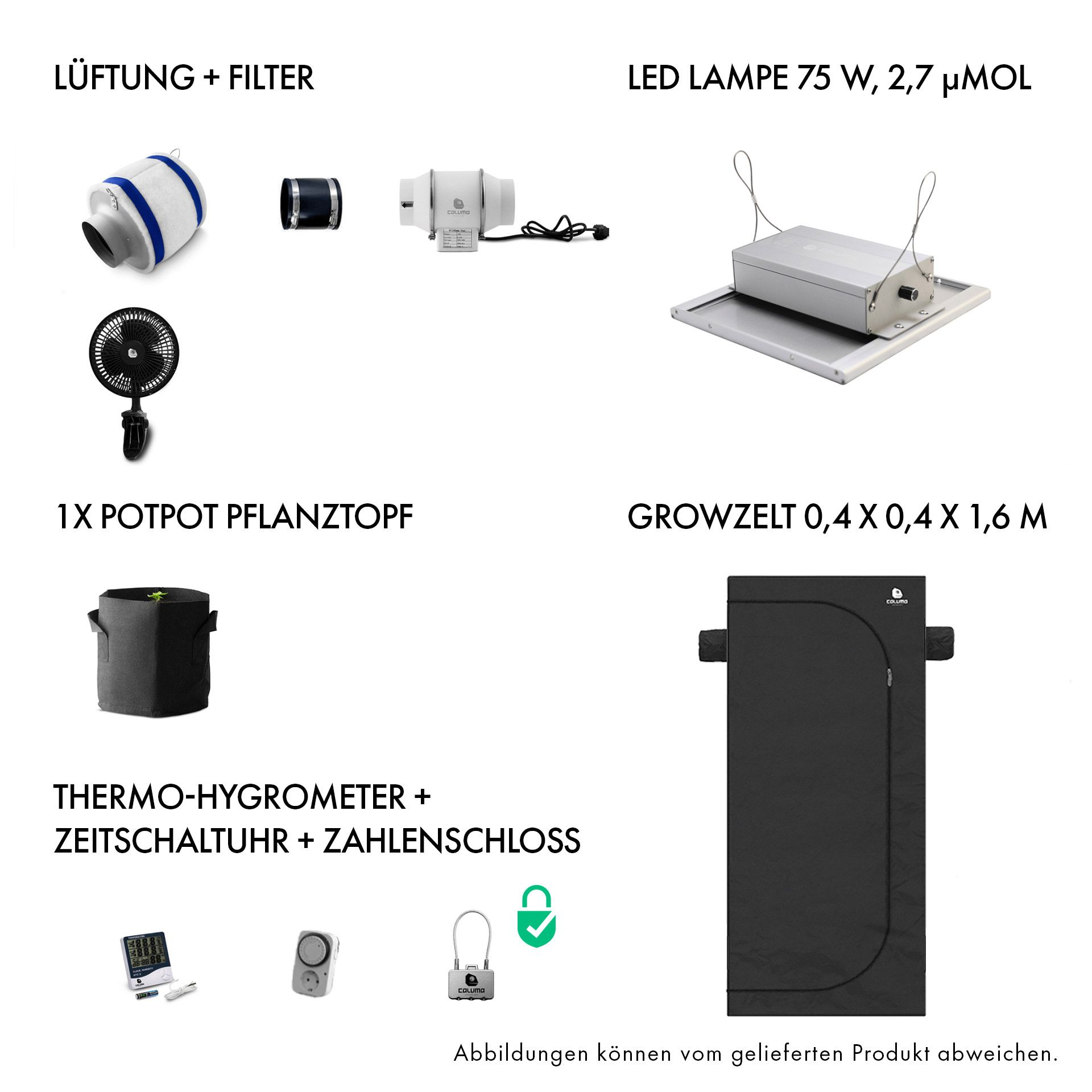 Caluma Growzelt Set 1 Plant 40x40 75w Lieferumfang Caluma Growzelt Set 1 Plant 40x40 75w Lieferumfang