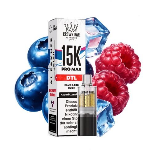 Al Fakher Crown Bar 15k Pro Max DTL Pod Blue Razz Rush 10ml Al Fakher Crown Bar 15k Pro Max DTL Pod Blue Razz Rush 10ml